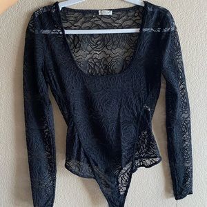 Free People Intimately long sleeve black lace bodysuit
